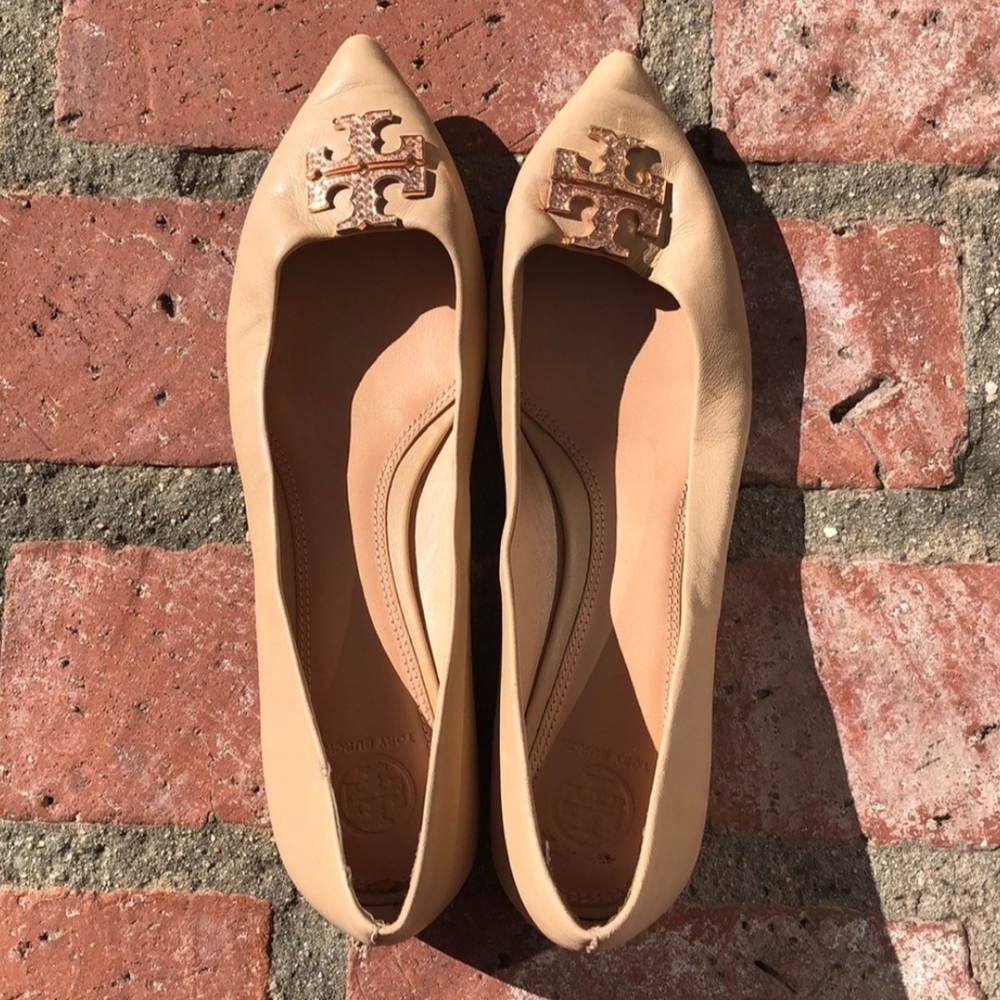 Tory Burch Nude Embellished Logo Kellen Flats